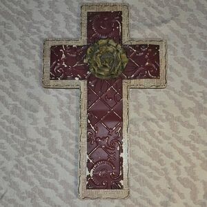 Large Wall Cross with Burgundy Tin Inlay and Yellow Flower